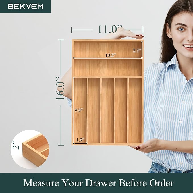 Silverware Organizer, Bamboo Kitchen Drawer Organizer, Utensil Holder, Cutlery Tray & Spoon Flatware Storage with Grooved Drawer Dividers (11''W x 16''D)