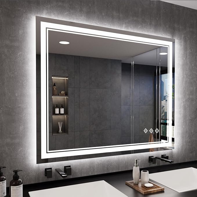 LED Mirror, 44x36 Inch Gradient Front and Backlit Lighted Mirror, 3 Colors Dimmable CRI>90 Double Lights, IP54 Enhanced Anti-Fog, Hanging Plates Bathroom Mirror with Lights