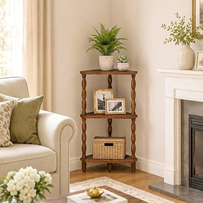HOOBRO Corner Shelf, 3-Tier Wooden Corner Bookshelf for Small Space, Stylish Corner Storage Display Shelves for Living Room, Kitchen, Office, Rustic Brown FG193CJ01