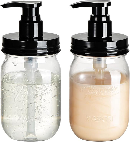 Amolliar Plastic Mason Jar Soap Dispenser with Pump Lid 16OZ, 2 Pack | Refillable BPA-Free Hand Soap Dispenser Set with Cute Lables, Farmhouse Decor for Kitchen Bathroom Liquid Dish Soap Lotion