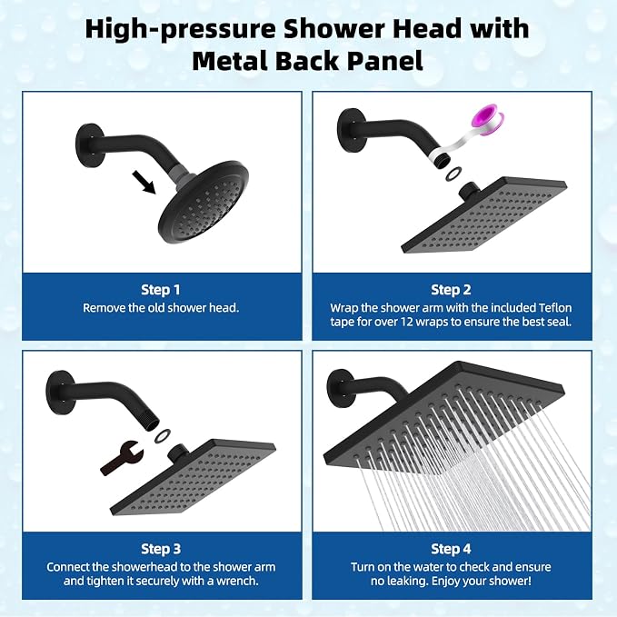 Hibbent cUPC Certified Thickness Metal 6'' Rain Shower Head, Matte Black | High Pressure Shower Head, Bathroom Waterfall Shower Heads, High Flow Fixed Showerheads with Adjustable Brass Ball Joint