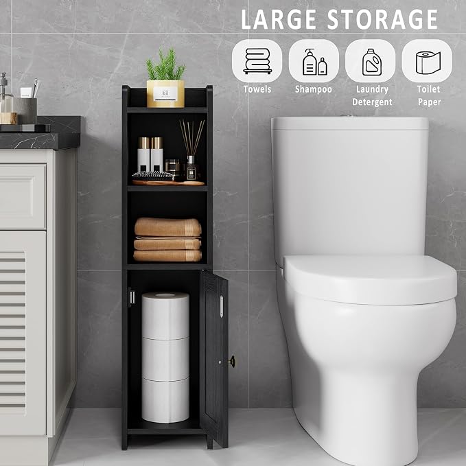 Lomojo Small Bathroom Storage Cabinet Corner, 7.87"Dx7.87"W x31.5"H (Black) | Freestanding Narrow Toilet Paper Holder, Organizers for Bathroom Small Spaces Floor Cabinet with Adjustable Shelves and Door