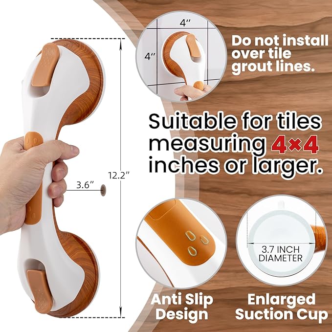 TAILI Suction Shower Grab Bar,Shower Handles,2 Pack 12.2" Wood Grain | Bathroom Grip Bar Heavy Duty Handrails,No Drilling Removable Waterproof,Safety for Bathtubs,Toilet,Elderly&Seniors,G9