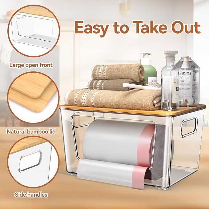 spospo 3 Pack Trash Bag Holder with Bamboo Lid Stackable Trashbag Dispenser | Extra Large Garbage Bag Holder for Kitchen Laundry Room Under Sink Organization and Storage