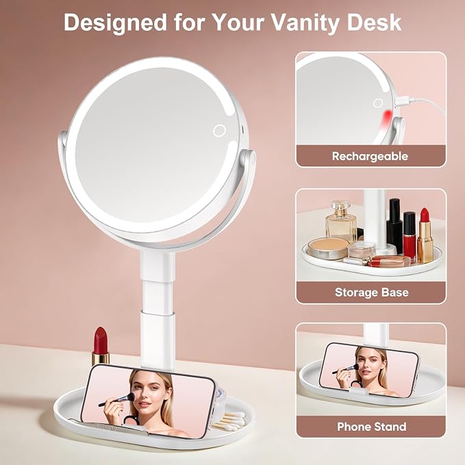 Rechargeable Lighted Makeup Mirror, 10X Magnification, 7 Inch | 3 Adjustable Light Colors, Rechargeable Cordless Design, Adjustable Height, Storage Base with Phone Holder,Touch Control