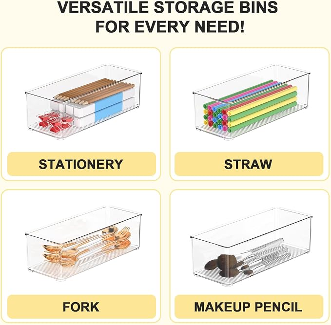 Set of 8 Pantry Organizers and Storage, Clear Plastic Bins(6L+2S) | BPA-free PETG storage containers with handles, ideal for kitchen, fridge, bathroom, cabinet, office, and garage organization