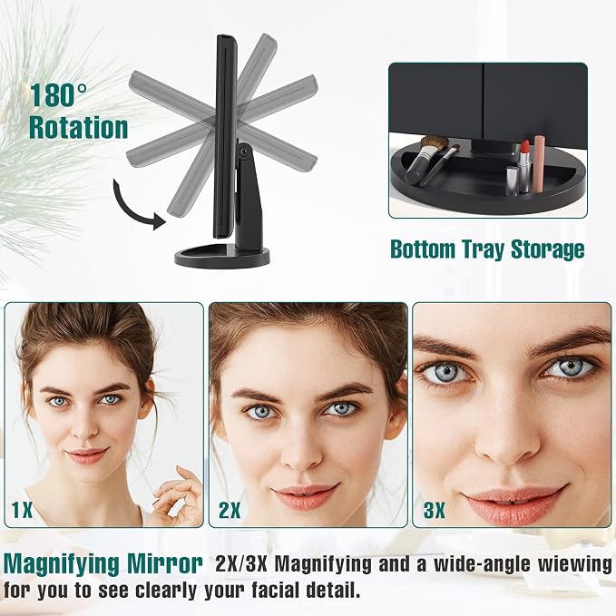 Lighted Makeup Mirror, 1-3X Magnifying Trifold LED Vanity Mirror | Vanity Mirror with Lights, 21 Bright LED Lights, Touch Control Dimmable Brightness, 180 ° Rotaion