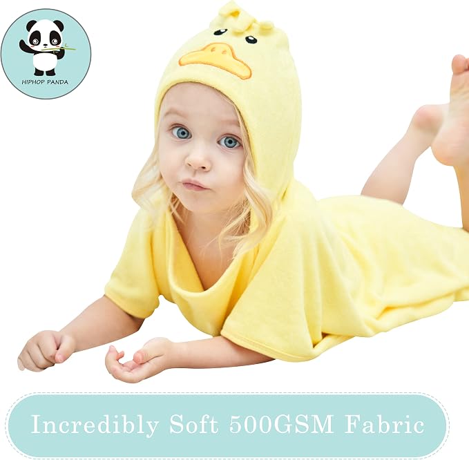 HIPHOP PANDA Ultra Soft Hooded Baby Towel - 2-Layer Thick 500GSM Absorbent | Rayon Made from Bamboo, Hooded Bath Towel for Newborn, Infant, Toddler, Baby Registry - Yellow Duck, 21.5x22.5 In