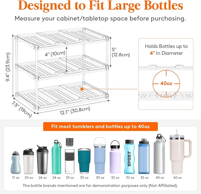 Lifewit Stackable Bottle Storage Organizer, Clear Freestanding Wine Holder for Cabinet, Large Slot Water Bottle Tumbler Cup Organizer for Pantry, Plastic Wine Rack for Fridge Cellar, 3Tier Hold 9