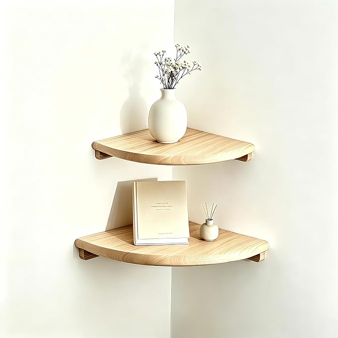 Floating Corner Shelves, 2 Pack Solid Wood Round End Wall Mount | 8.7"& 7.1" sizes with cable hole, holds small decor, plants & speakers; ideal for bedroom, kitchen, living room, bathroom