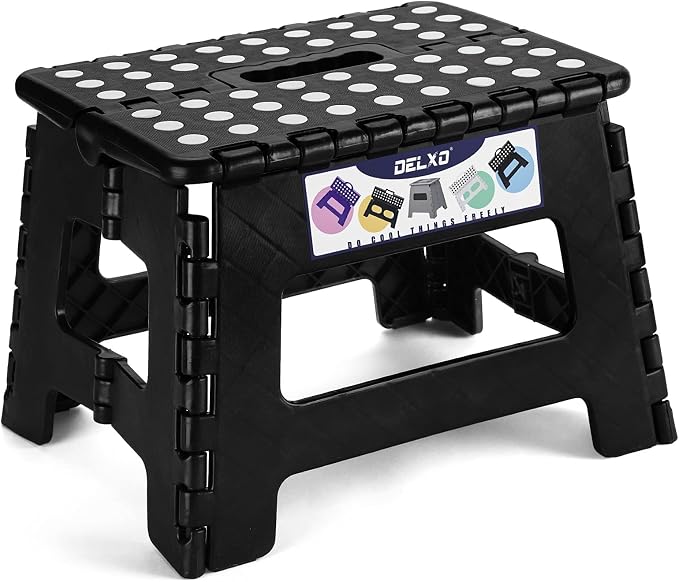 Delxo 9 Inch Kids Step Stool,300 Lbs Folding Step Stool for Toddler Black | Foldable Step Stool,Non-Slip Foot Stools with Handle, Lightweight Collapsible Stool for Kitchen,Bathroom,Bedroom,Garden