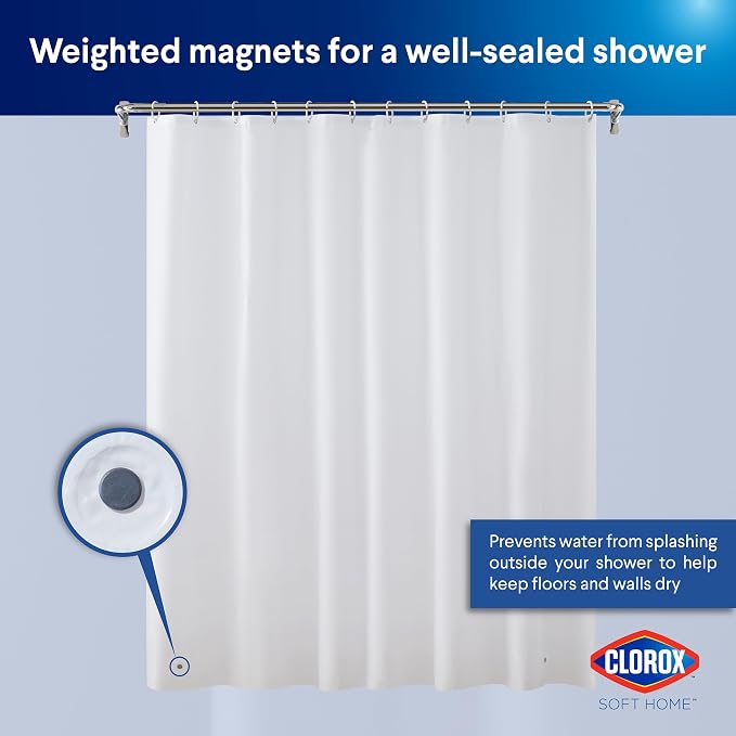 Clorox Shower Curtain Liner & Hooks, Premium Lightweight Flexible Waterproof 4g PEVA for Bathroom with Weighted Magnets, Standard Size 70" x 72", White 1 Pack