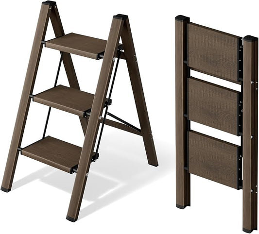 Mayi Plus 3 Step Stool Foldable, Aluminum, Lightweight Step Ladder | Extra-wide anti-slip folding steps with 330 lbs, for home,kitchen,office,outdoor,office,Walnut