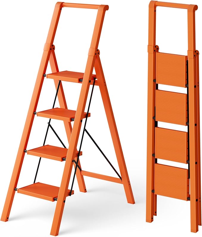 HillhutApex Aluminum 4 Step Ladder, Step Stool Foldable Ladder(Orange) | Stepladder with Handgrip,Anti-Slip Pedals,330lbs Capacity,Lightweight Portable Folding Ladder for Home,Office,Libaray