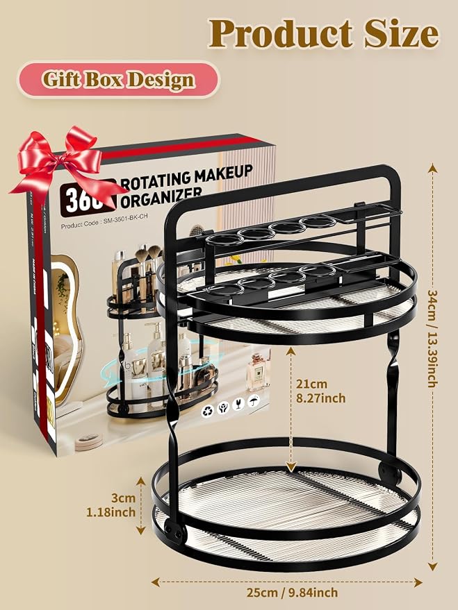 Rotating Makeup Vanity Organizer, 360 Spinning Perfume Organizer | 2-Tier Black Bathroom Countertop Organizer, Lazy Susan Counter Shelf Skincare Storage, Perfume Stand with Makeup Brush Holder