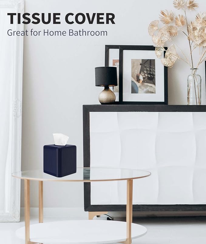 Livelab Tissue Box Cover with Base, Square Plastic Tissue Box Holder Decorative Tissue Box Case Modern Facial Paper Dispenser for Bathroom, Vanity Countertops, Night Stands, Desk - Navy Blue