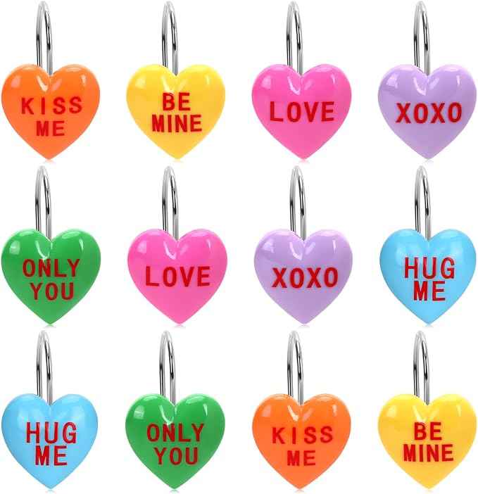 Valentine's Day Shower Curtain Hooks, 12Pcs Heart Shape Rustproof Resin Hooks with Love Messages, Decorative Bathroom Rings for Towel Curtain, 6 Colors