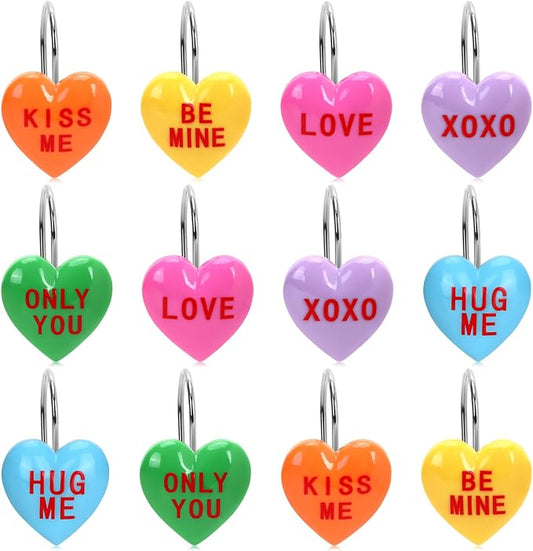 Valentine's Day Shower Curtain Hooks, 12Pcs Heart Shape Rustproof Resin Hooks with Love Messages, Decorative Bathroom Rings for Towel Curtain, 6 Colors
