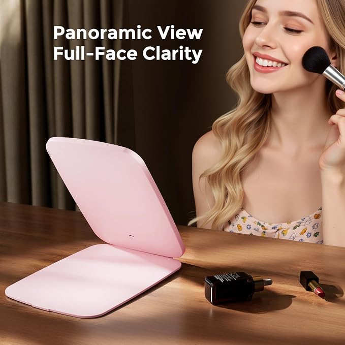 NEZZOE Portable Makeup Mirror, Large Travel Mirror with Light, 10”x7”, Pink | Foldable Makeup Mirror, 2000mAh Rechargeable Battery, 3 LED Lighting Modes, Magnetic Closure