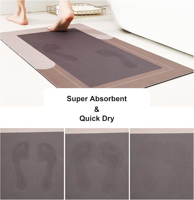 HelloTree 3PCS Bath Mat Rug Rubber Non Slip Quick Dry Rug Sets | Super Absorbent Thin Bathroom Rugs Fit Under Door Khaki Washable Floor Mats for in Front of Bathtub, Shower Room, Sink