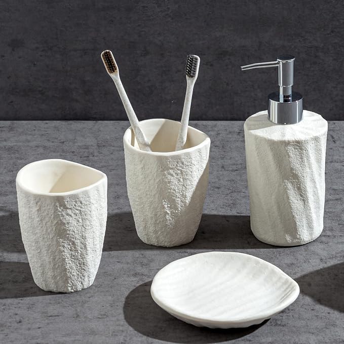 Bathroom Accessories Set, 4 PCS Modern Stone Texture, White | Minimalist, Resin, with Liquid Soap Dispenser 11.5 OZ, Tumblers, Toothbrush Holder, Bar Soap Tray, For Countertop Sink