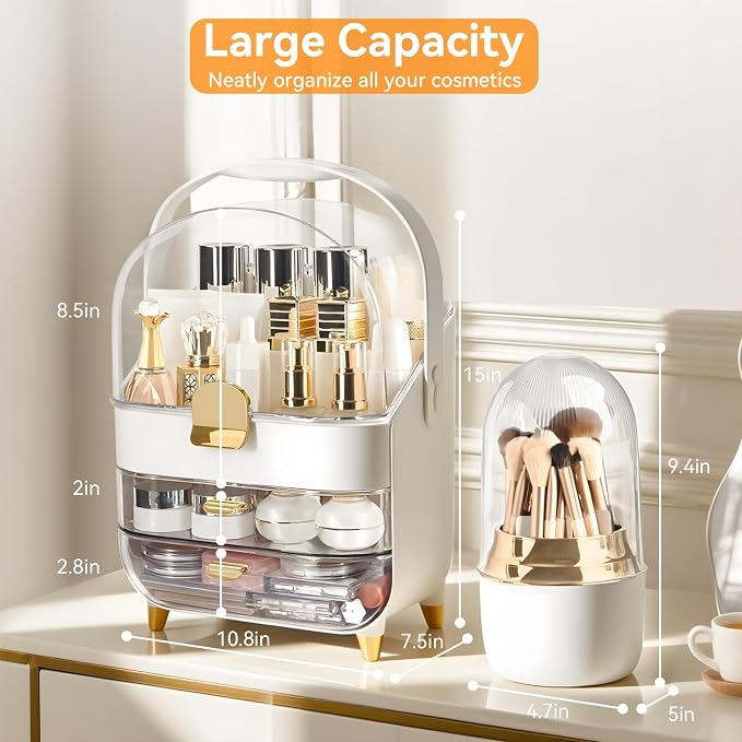 Makeup Organizer for Vanity with Brush Holder, Lid and 2 Drawers, Rose Gold | Large Capacity Bathroom Counter Organizer for Skincare, Cosmetic Storage, Dustproof, Waterproof, Teen Girl Gifts