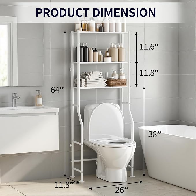 3-Tier Over The Toilet Storage, Freestanding Metal Bathroom Shelves, Space Saver Above The Over Toilet Storage Shelf for Bathroom (White)