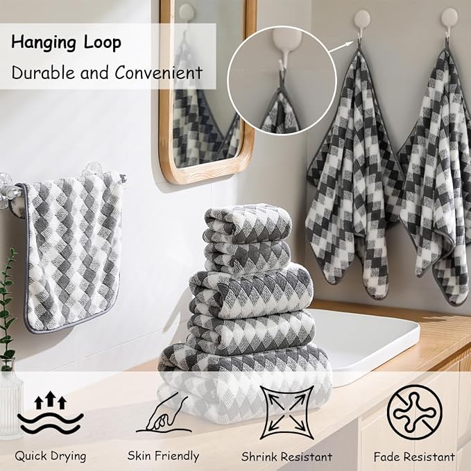 12 Pcs Gray White Diamond Towel Set-4 Bath Towels,4 Hand Towels,4 Washcloths Soft Polyester Towels with Loop Absorbent Shower Towel Quick Dry Beach Chair Towel Family Towels for Bathroom Spa Gym Pool