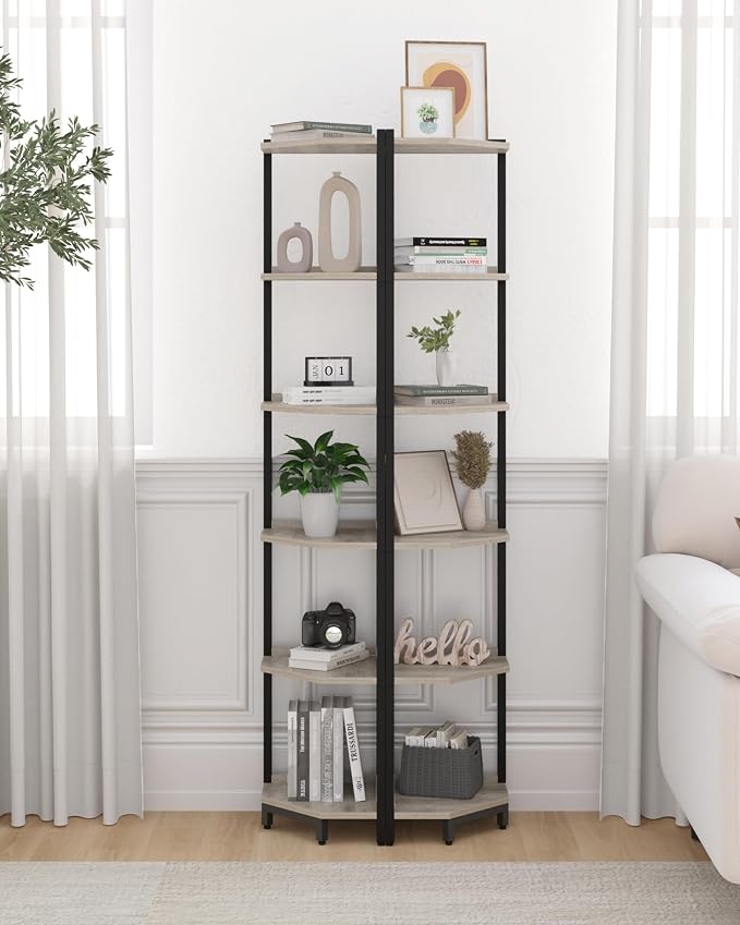 Hzuaneri Corner Shelf Stand 6-Tier Corner Bookshelf Storage Standing Shelf | Bookcase Plant Stand with Metal Frame for Living Room, Home Office, Bedroom, Greige CS06005B