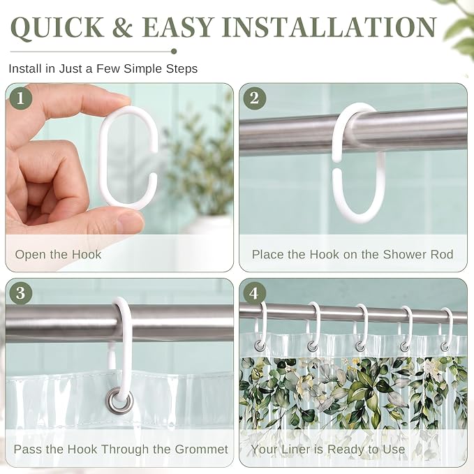 Clear Shower Curtain Liner, Botanical Plant Leaf PEVA, 72x72 Inch | Sage Green Waterproof Bath Plastic Shower Curtains Set with 3 Weighted Magnets and 12 Hooks for Bathroom Decor