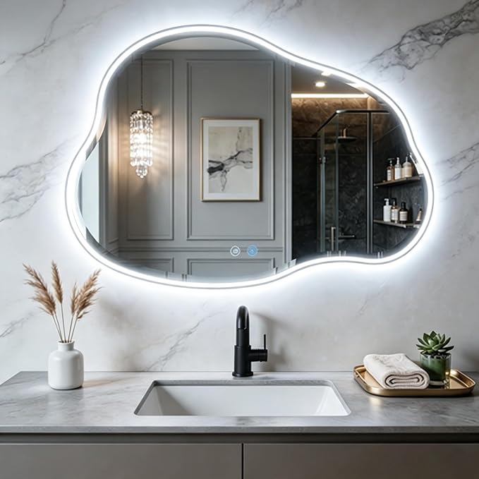 POZINO 30"x22" Irregular LED Bathroom Mirror with Lights, Black Metal Frame | Beveled Edge, 3 Color Dimmable, Anti-Fog, Memory Function, IP65 Waterproof, Cloud Shaped Bathroom Mirror with Front Lights