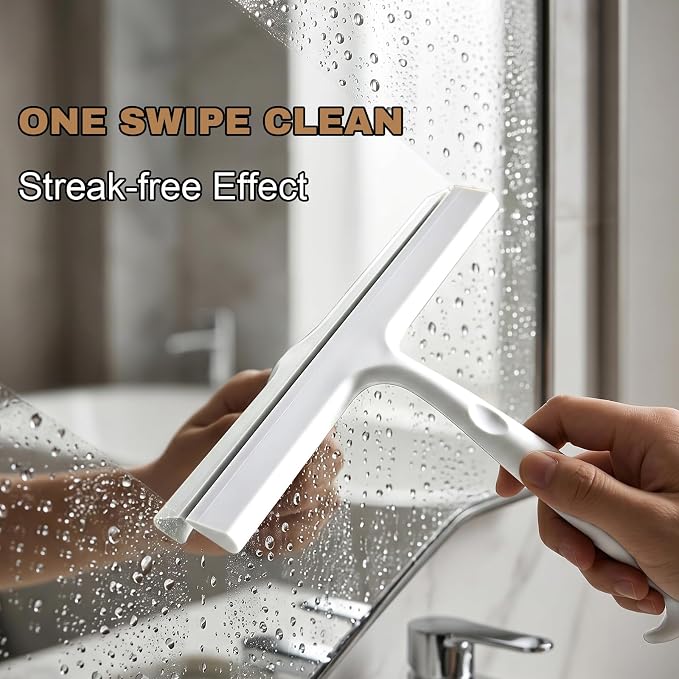 Shower Squeegee for Glass Doors, 10-Inch Silicone, Fishtail Type Hook,White | One-piece Silicone, Fishtail Hook, Non-slip Grip and Quiet Glide for Shower Glass, Tile, Mirrors, Windows and Car Glass