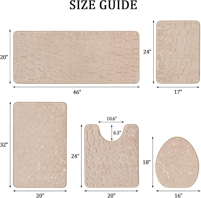 Bathroom Rugs Mat Set, Memory Foam Bath Mat 5 Piece Khaki | Non Slip, Water Absorbent, Washable, Bath Mat For Bathroom, Sink and Toilet