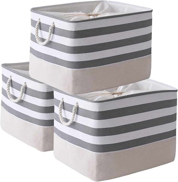 Jumbo Storage Bins Baskets, Sturdy Fabric Organizing Basket W/Handles, Decorative Foldable Storage Baskets for Shelves Closet Nursery Toy (Grey&White Stripes 3 Pack, 20.5Lx15.7Wx13.8H in)