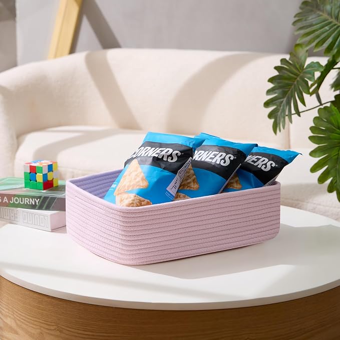 MiniArk Large Shallow Organizing Baskets 15x11x5.1 Inches - Rope Woven Storage Bins for Bathroom, Shelves, Cube Closet, Light Pink 4 Packs