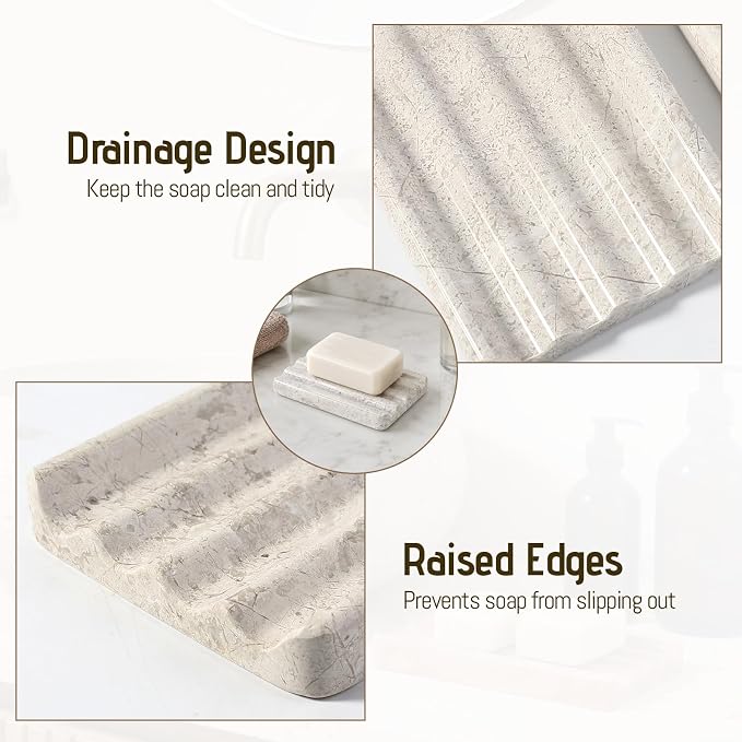 Karibiber Marble Soap Dish, Bar Soap Dish Shower, Grey Bathroom Soap Holder, Stone Sponge Holder for Kitchen Sink