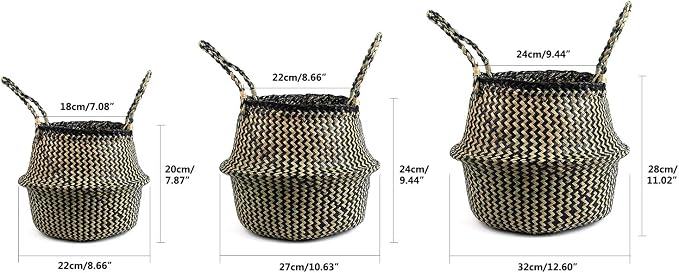 Woven Seagrass Belly Basket for Storage, Plant Pot, Picnic and Grocery Basket (Large, Black Strips)