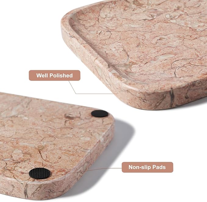 Marble Tray, 12"x8" Natural Marble Vanity Tray for Countertop Bathroom Kitchen Dresser, Decorative Catchall Trays for Perfume Jewelry, Rectangular Stone Serving Tray(Pink)