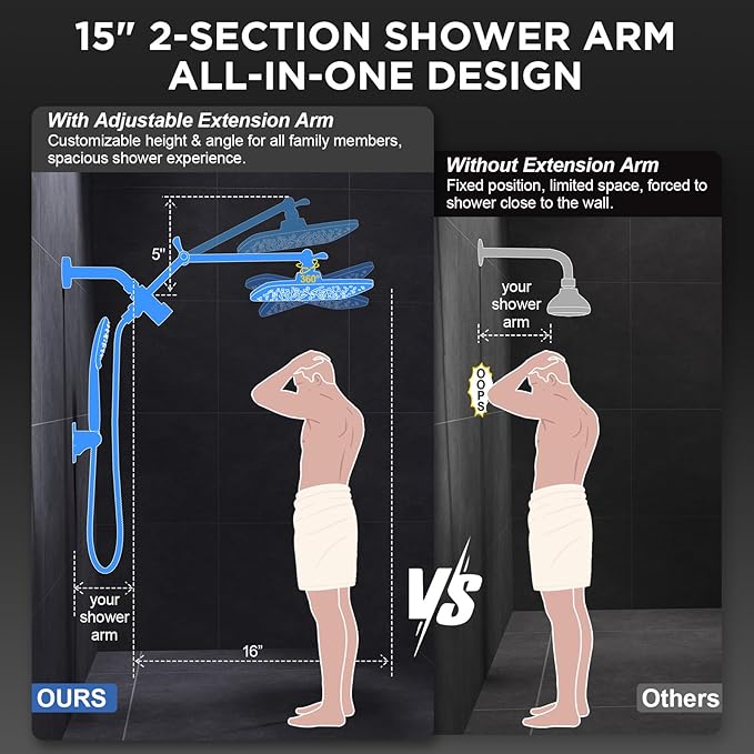 Veken Brushed Nickel 11.8" Shower Head with Handheld,Stain Resistant Finish | Handheld Shower Head with Multi Spray Modes,Rainfall Combo with 15" Metal Extension Arm,Detachable Dual Shower,Regaderas Para