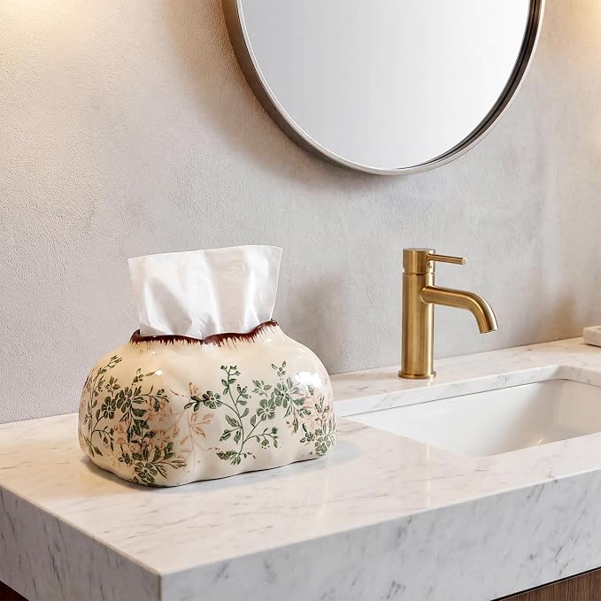 Yalikop Vintage Ceramic Tissue Holder Tissue Box Cover,Blossoms | Floral Retro Rustic Farmhouse Home Decor for Bathroom Vanity Table Living Room Bedroom Kitchen Office