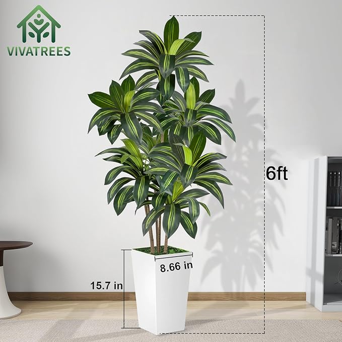VIVATREES Dracaena Tree 6FT Artificial, 72in Tall Faux Dracaena Tree with 15.7 White Planter, Fake Potted Tree for Indoor & Outdoor Home Office Decor