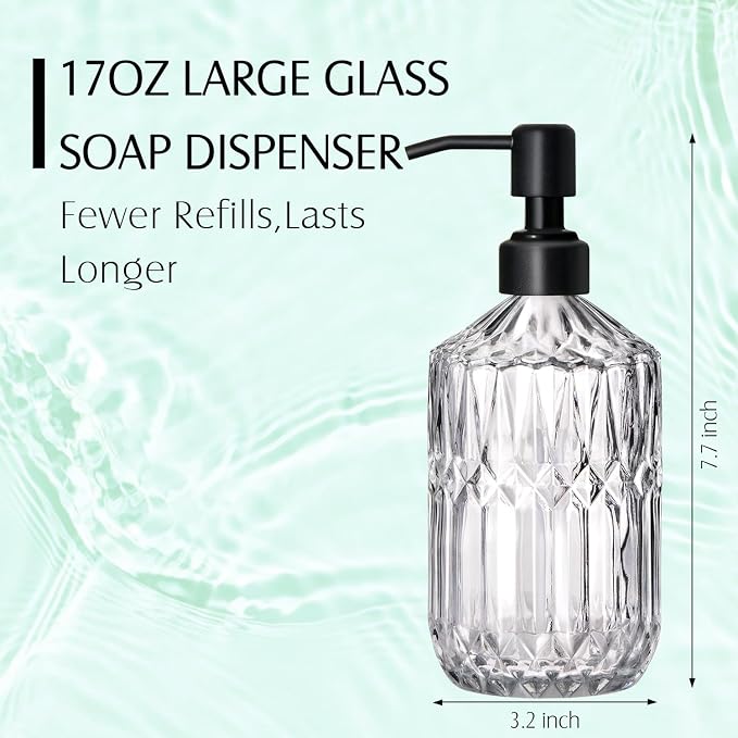 COHOSEGE 17 Oz Clear Glass Kitchen Soap Dispenser for Dish Soap, 2 Pack Bathroom Soap Dispenser Set with Black Rust Proof Pump for Lotion, Hand soap or Body Wash