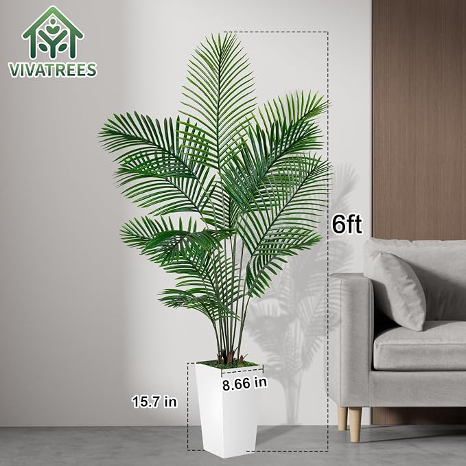 VIVATREES Palm Tree 6FT Artificial, 72in Tall Faux Palm Tree with 15.7 White Planter, Fake Potted Tree for Indoor & Outdoor Home Office Decor