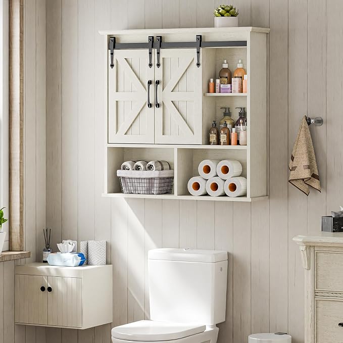 Vabches Bathroom Wall Cabinet, Farmhouse Medicine Cabinet, White | Wooden Vintage Storage Cabinet Wall Mounted with Double Sliding Barn Door and Adjustable Shelf for Bathroom, Kitchen