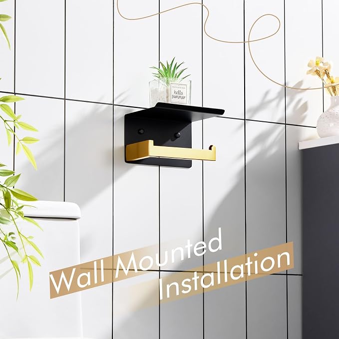 KOKOSIRI Toilet Paper Holders with Shelf Bathroom Toilet Paper Roll Holder Wall Mounted T-304 Stainless Steel, Matte Black and Gold B2010GDK