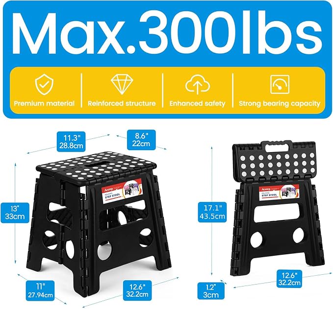 13 Inch Folding Step Stool, Non-Slip Surface for Adults/Kids, Black | Collapsible Heavy Duty Foldable Stools, Portable Foot Stepping Stool Holds 300 lb, Kitchen Bathroom Outdoor, with Handle