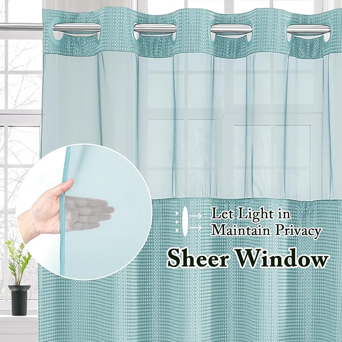 No Hook Cloth Teal Shower Curtain with Liner, 72x86 | Snap-in Fabric Liner, Hotel Style with Mesh Top Window, Waterproof Coating, Machine Washable, Rustproof Grommets