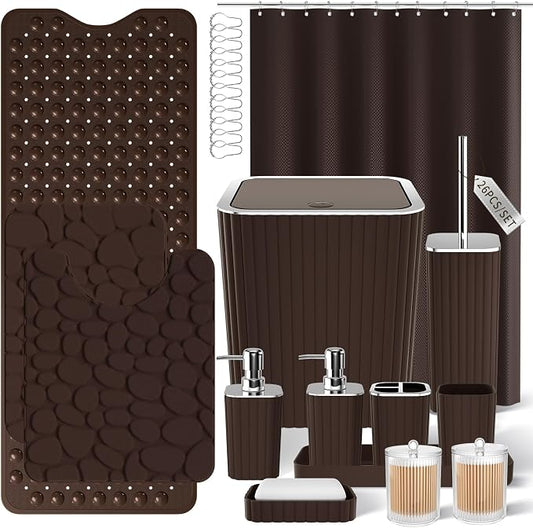 XLHOMO 26PC Bathroom Accessories Set - Gorgeous Brown Bathroom Set, Bathroom Accessory Set, Shower Curtain Set with Bathtub Mats for Shower Tub, Trash Can & Soap Dispenser