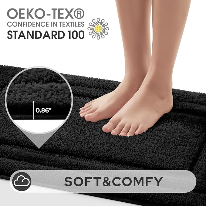 HOMEIDEAS Bathroom Rugs Sets 2 Piece, Super Soft and Absorbent Non Slip Microfiber Machine Washable Bath Mat Set (20" x 47" + 16" x 24", Black)