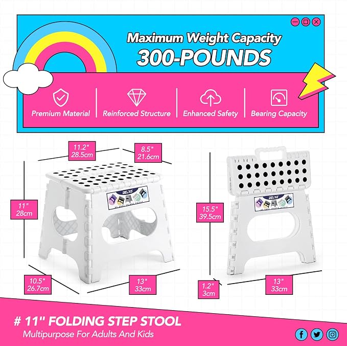 Delxo Folding Step Stool,11 Inch Non-Slip Foldable Step Stools for Kids and Adults,Portable Foldable Step Stool Lightweight Small Folding Stool with Handle for Kitchen Bathroom in White,1 Pack | Foldable Step Stool 11",Non-Slip Foot Stools with Handle,...